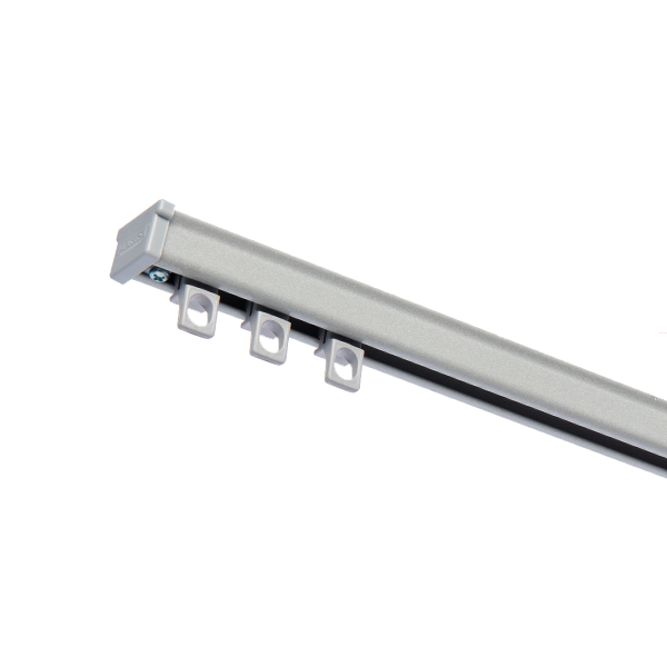 Zbliżenie na profil aluminiowej szyny sufitowej KS w kolorze szarym